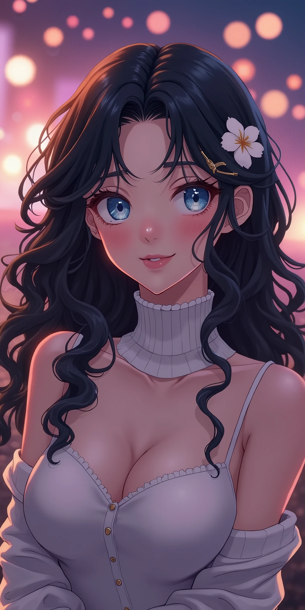 (best quality, ultra-detailed, photorealistic: 1.39), bright and vibrant colors, studio lighting, romantic expression, An effeminate girl, with a delicate and beautiful face. She is a girl who reflects seductive beauty, sparkling eyes, A beautiful adult woman beautiful and voluminous curly black hair, hair clip, crying a seductive 2 woman with big breasts seduces, with her large breasts seduces, Turtleneck sweater, white wool, sleeveless, beautiful sweater dress,, with beautiful legs, ankle boots, with her blue eyes that matches her soft smile, in a beautiful pose demonstrating her seduction on the in the park at night, beautiful event decoration with lights and fireworks, night with soft lighting, anime style, like a manwha character