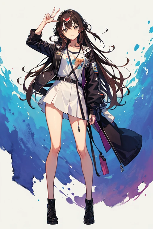 Full body, a otaku woman with freckles, dark brown eyes, an upturned nose, she is happy, with one peace sign hand, she has long wavy hair, wearing aviator sunglasses with clear lenses in a soft watercolor style. The girl must be in pink, purple and blue in celebration of the bisexual, with stains of ink and watercolor mixing and filling the scene. There should be a subtle, nuanced change in colors using the impasto technique with gouache paint. There should be a light rain in the watercolor painting with a little watercolor paper texture and a pastel background.