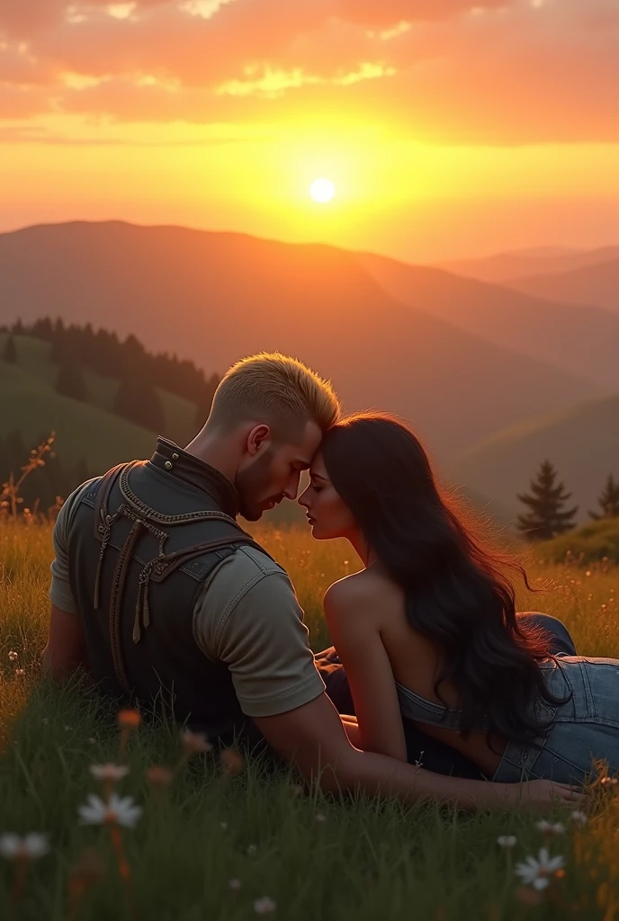 create an image of a sunset from the top of a hill with a couple of a strong military guy with blond hair and a woman with long dark hair lying on the grass