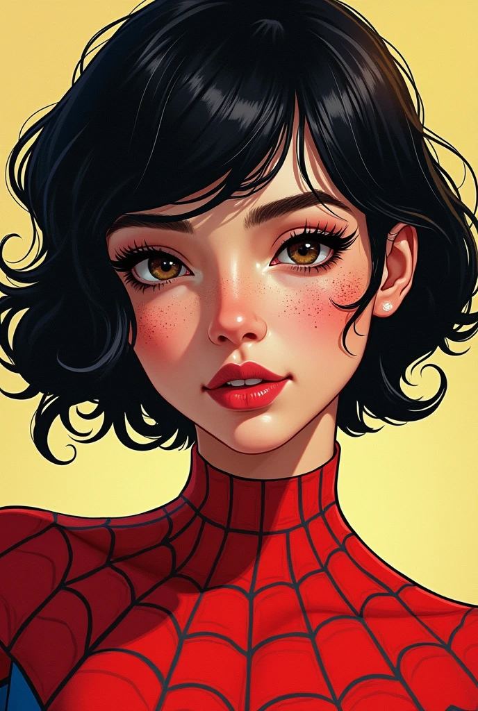 Make me a comic book girl dressed as spiderwoman, Short black curly hair with yellowish part below, semi-slanted eyes, semi-wide nose with freckles on parts of his face, face outlined with something round, Very pretty semi-wide lips and white skin, black eyes with some brown.. We don&#39;t know much
