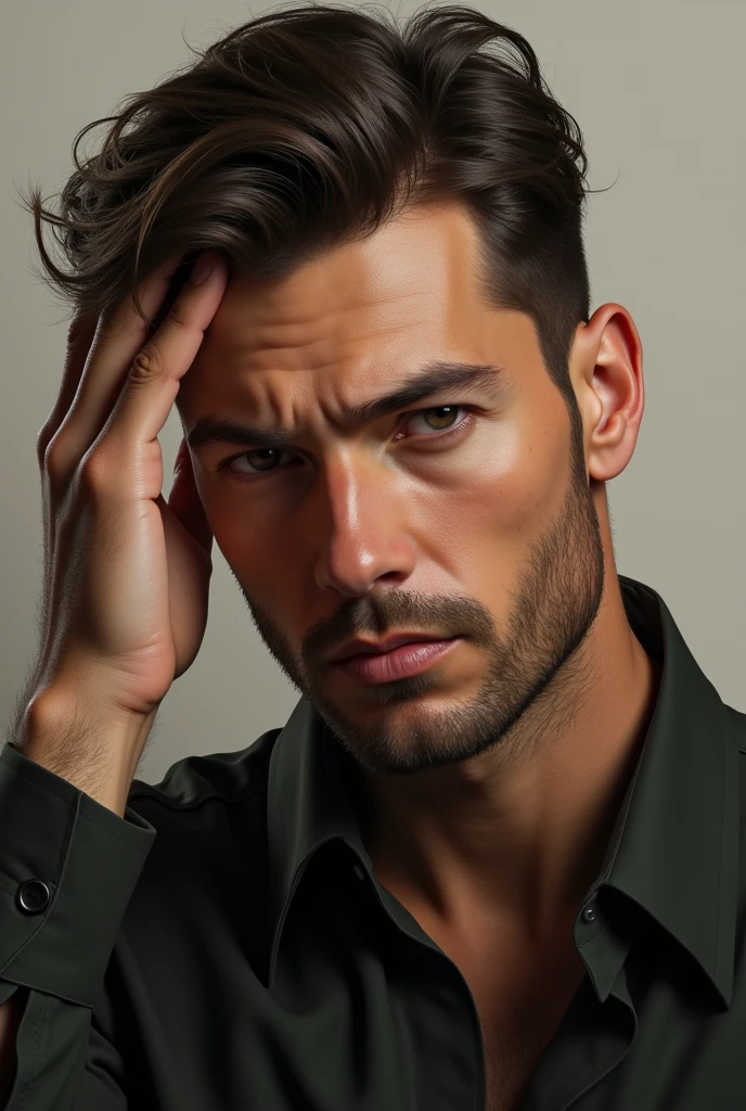 Create the same face, but now with him with his hand open next to his head