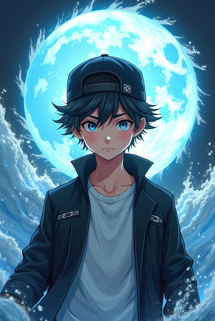 Superhero boy book cover with black cap backwards ,white shirt and black lab coat and who controls water and can open anime-style lunar portals