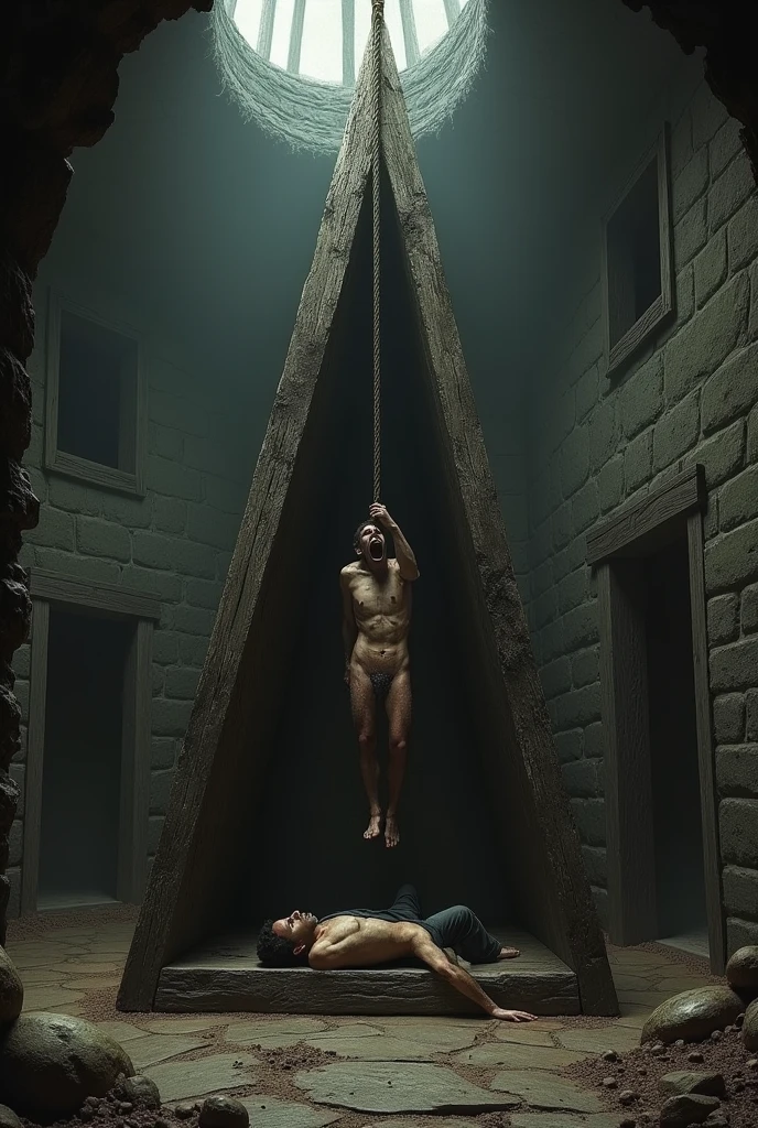 The image shows a torture device known as a "Easel" ou "Judas Cradle". The equipment is made of dark wood, with four sturdy legs supporting a pyramid-shaped structure with a sharp point at the top. Above the device, there is a rope hanging down that appears to be part of the torture mechanism, possibly used to suspend the victim over the sharp point. The surrounding environment appears to be a damp and worn place., possibly a dungeon or a medieval cell, suggested by the stone walls in the background. O Easel era utilizado na Idade Média como um método cruel de tortura, where the victim was slowly lowered onto the sharp tip, causing intense pain