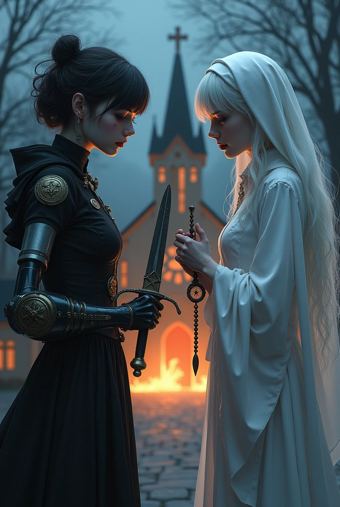 Two pale middle-aged girls with violet eyes and white hair, with the one on the left with short hair in dark alchemist clothes and with a steampunk prosthesis holding a dagger with the baphomet symbol in her left hand, and a cut on the face, and the one on the right in white nun&#39;s clothes holding a rosary, with a burning church behind, the night.