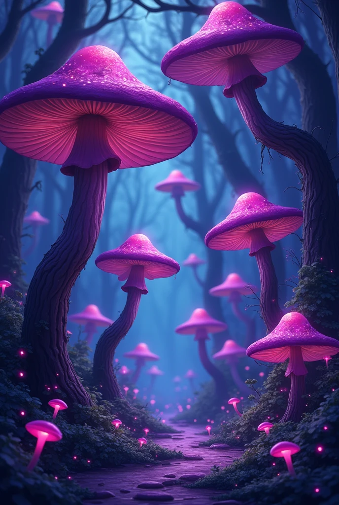 Fantasy cartoon drawing of a forest of purple mushrooms. The forest must have a dark and mysterious appearance 