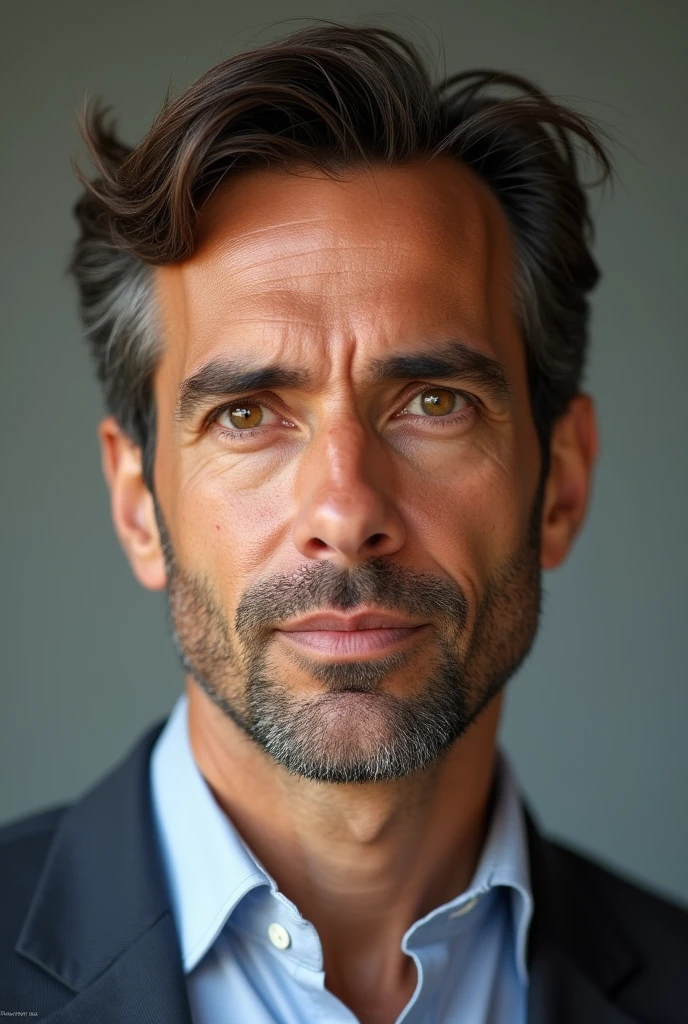 (photorealism:1.2), generate me a middle-aged man with brown hair, that looks a little tired, light eyes and looks like a resume photo, but without gray hair, make it a little colombian