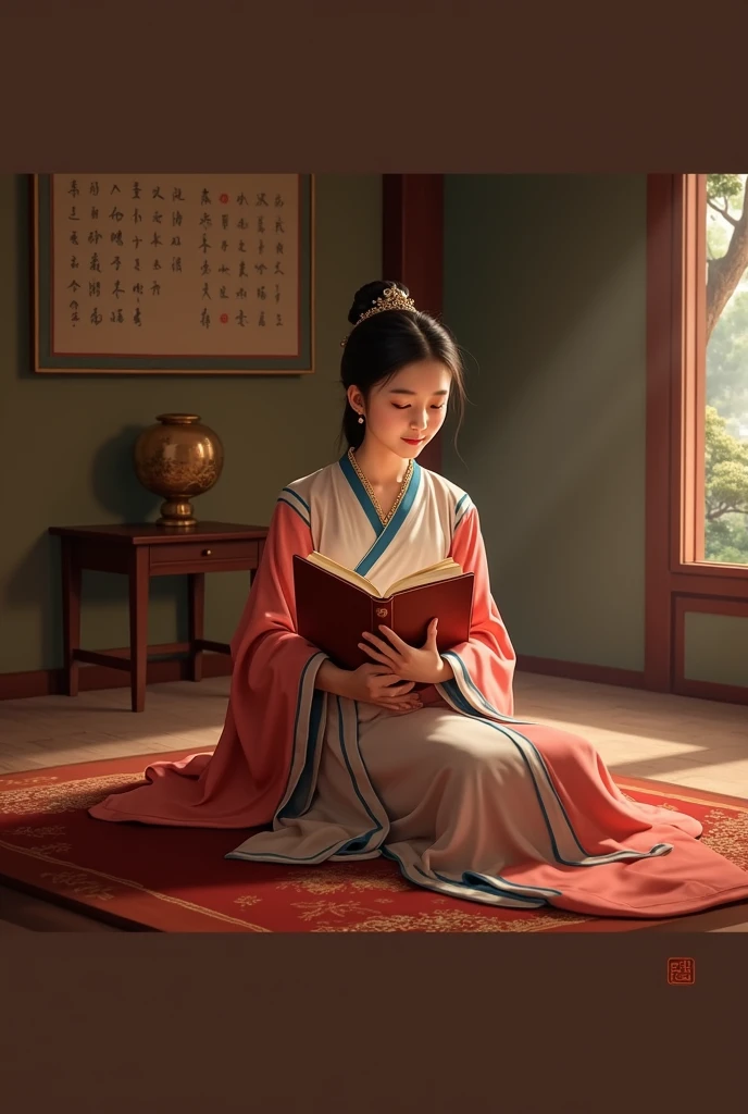 An ancient Chinese painting from the Tang Dynasty, Hanfu. A young woman in a white and blue dress is sitting in a reception room talking to a young man who is looking at an account book.