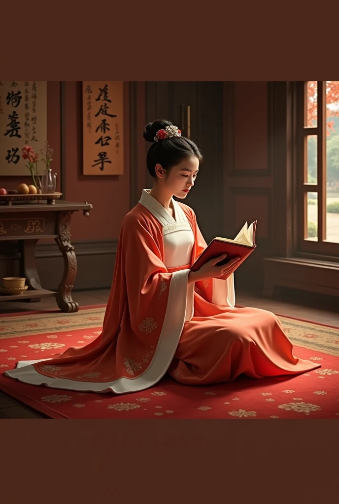 An ancient Chinese painting from the Tang Dynasty, Hanfu. A young woman in a white and blue dress is sitting in a reception room talking to a young man who is looking at an account book.