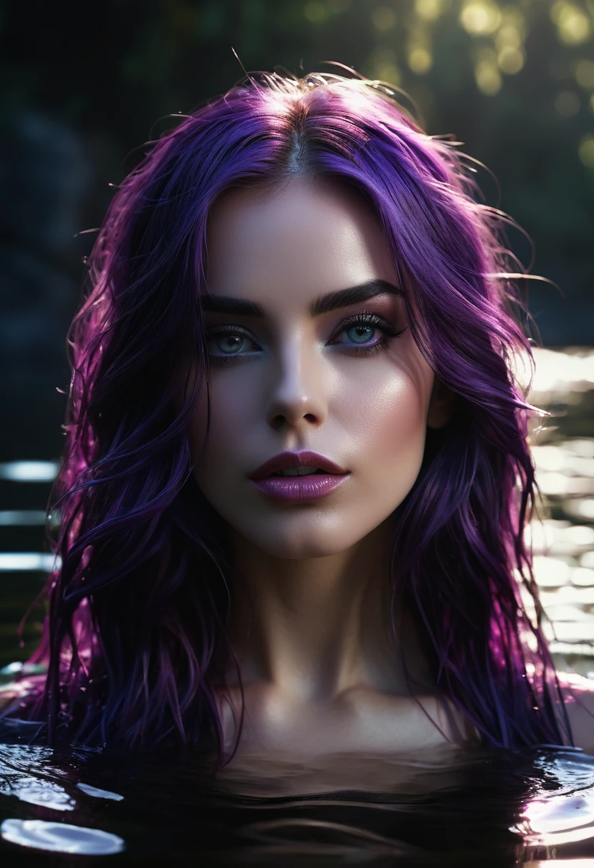 8 k young woman, with blue skin , dives into a pool inside an aquarium that is located in a forest, her body is blue, her eyes are lilac and her hair is straight and not abundant, curly in silver color she is in a deep dive in an atmosphere of light between the trees and the fish in the aquarium