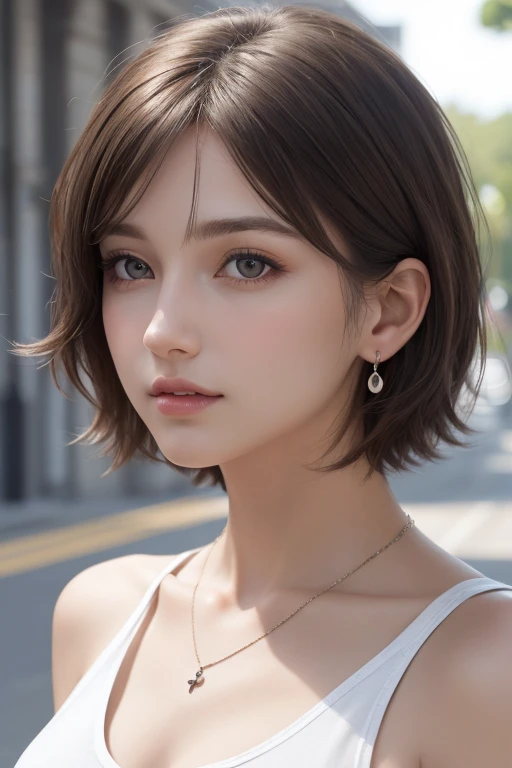 (photograph:1.2)、(photorealistic:1.3)、(masterpiece:1.3)、(Highest image quality:1.4)、ultra high resolution、(detailed eyes)、(detailed facial features)、(Detailed garment features)、8k resolution、solo focus、2 mature woman、small face、no makeup、Detailed beautiful eyes、bangs、dark brown hair、short cut hair、(realistic skin)、beautiful skin、charming、ultra high resolution、Super realistic、High definition、white shirt open,middlebre、small breasts、bust B cup、small breasts、cool beauty、Gray background、cinematic lighting、perfect、soft light、High resolution skin:1.2、realistic skin texture、2 mature woman、small face、no makeup、Bust B Cup、Detailed beautiful brown eyes、short hair、dark brown hair、Cool beauty、gray background high quality、masterpiece、High resolution、1 female、necklace、gem、Earrings、Beautiful Face、Body Up、Tyndall effect、Realistic、Rim Light、Two-tone lighting、(High resolutionスキン:1.2)、8k ウルトラHD、Digital SLR、Soft lighting、high quality、Volumetric lighting、photograph、High resolution、4K、8k、Brown haired woman、Adult、Small eyes、Perfect Mouth、Highly detailed eyes and mouth、Black natural eyes、Pure brown hair color、lol、Caucasian skin color、White shirt and random color tank top、Hair quality and shine、street、town、road、congestion、lol顔,Upper teeth(Black tank top)