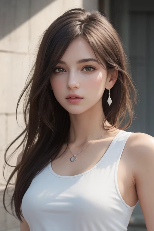 (photograph:1.2)、(photorealistic:1.3)、(masterpiece:1.3)、(Highest image quality:1.4)、ultra high resolution、(detailed eyes)、(detailed facial features)、(Detailed garment features)、8k resolution、solo focus、2 mature woman、small face、no makeup、Detailed beautiful eyes、bangs、dark brown hair、short cut hair、(realistic skin)、beautiful skin、charming、ultra high resolution、Super realistic、High definition、white shirt open,middlebre、small breasts、bust B cup、small breasts、cool beauty、Gray background、cinematic lighting、perfect、soft light、High resolution skin:1.2、realistic skin texture、2 mature woman、small face、no makeup、Bust B Cup、Detailed beautiful brown eyes、short hair、dark brown hair、Cool beauty、gray background high quality、masterpiece、High resolution、1 female、necklace、gem、Earrings、Beautiful Face、Body Up、Tyndall effect、Realistic、Rim Light、Two-tone lighting、(High resolutionスキン:1.2)、8k ウルトラHD、Digital SLR、Soft lighting、high quality、Volumetric lighting、photograph、High resolution、4K、8k、Brown haired woman、Adult、Small eyes、Perfect Mouth、Highly detailed eyes and mouth、Black natural eyes、Pure brown hair color、lol、Caucasian skin color、White shirt and random color tank top、Hair quality and shine、street、town、road、congestion、lol顔，Upper teeth(Black tank top)
