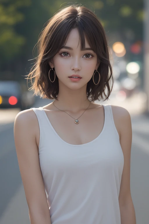 (photograph:1.2)、(photorealistic:1.3)、(masterpiece:1.3)、(Highest image quality:1.4)、ultra high resolution、(detailed eyes)、(detailed facial features)、(Detailed garment features)、8k resolution、solo focus、2 mature woman、small face、no makeup、Detailed beautiful eyes、bangs、dark brown hair、short cut hair、(realistic skin)、beautiful skin、charming、ultra high resolution、Super realistic、High definition、white shirt open,middlebre、small breasts、bust B cup、small breasts、cool beauty、Gray background、cinematic lighting、perfect、soft light、High resolution skin:1.2、realistic skin texture、2 mature woman、small face、no makeup、Bust B Cup、Detailed beautiful brown eyes、short hair、dark brown hair、Cool beauty、gray background high quality、masterpiece、High resolution、1 female、necklace、gem、Earrings、Beautiful Face、Body Up、Tyndall effect、Realistic、Rim Light、Two-tone lighting、(High resolutionスキン:1.2)、8k ウルトラHD、Digital SLR、Soft lighting、high quality、Volumetric lighting、photograph、High resolution、4K、8k、Brown haired woman、Adult、Small eyes、Perfect Mouth、Highly detailed eyes and mouth、Black natural eyes、Pure brown hair color、lol、Caucasian skin color、White shirt and random color tank top、Hair quality and shine、street、town、road、congestion、lol顔,Upper teeth(Black tank top)