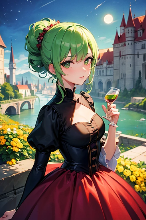 (work of art),(best qualityer), illustration, (fancy:1.4), Queen, lime green hair, hair up, castle, long wine colored dress, a moon, flowers, looking ahead at viewer 