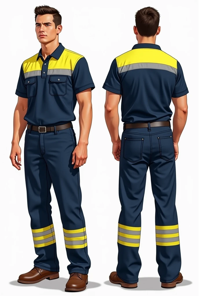 Drawings of a person from the front and back wearing safety clothing, a navy blue t-shirt and navy blue pants with yellow reflective stripes on the chest horizontally, also on the sleeves of the t-shirt, back, and calves from the back and front, which are used in the Quilmes brewery and malt house