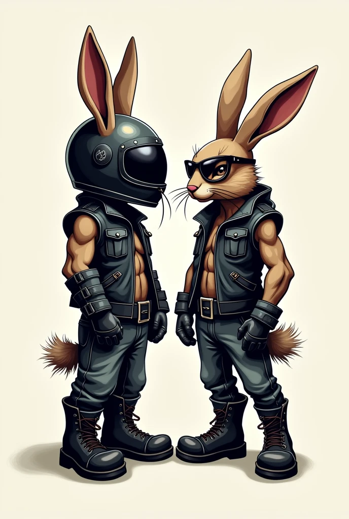 Create a slightly aggressive vector logo with two naked rabbits, One with a motorcycle helmet with his ears sticking out of the helmet, plus a leather vest and boots, the other a female with glasses a leather vest and boots