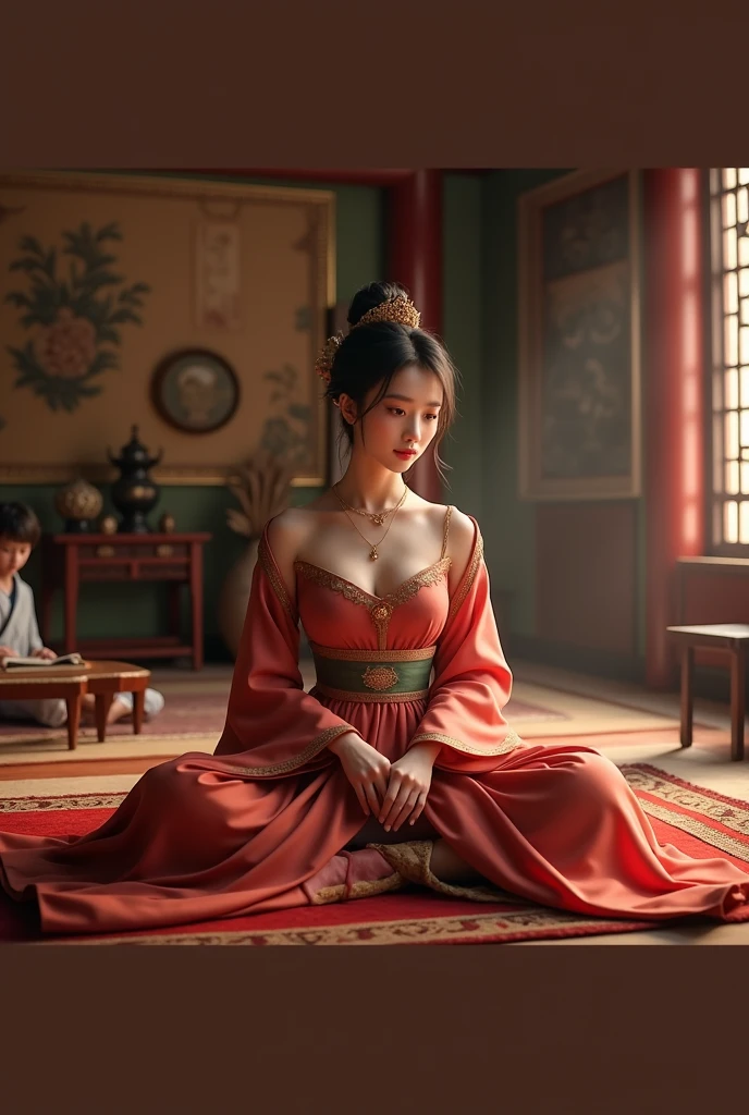 A beautiful young woman in a white and blue dress sitting in an ancient Chinese Tang dynasty reception room, conversing with a young man sitting and examining a ledger, (best quality,4k,8k,highres,masterpiece:1.2),ultra-detailed,(realistic,photorealistic,photo-realistic:1.37),detailed facial features,intricate traditional Chinese architecture,warm lighting,rich color palette,elegant and refined atmosphere