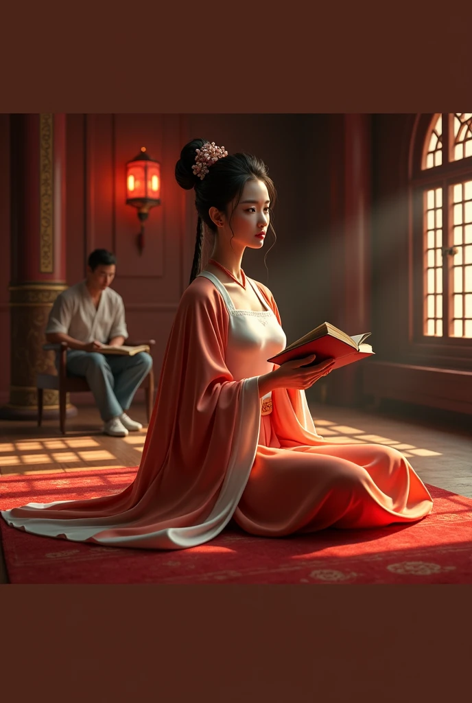 A beautiful young woman in a white and blue dress sitting in an ancient Chinese Tang dynasty reception room, conversing with a young man sitting and examining a ledger, (best quality,4k,8k,highres,masterpiece:1.2),ultra-detailed,(realistic,photorealistic,photo-realistic:1.37),detailed facial features,intricate traditional Chinese architecture,warm lighting,rich color palette,elegant and refined atmosphere