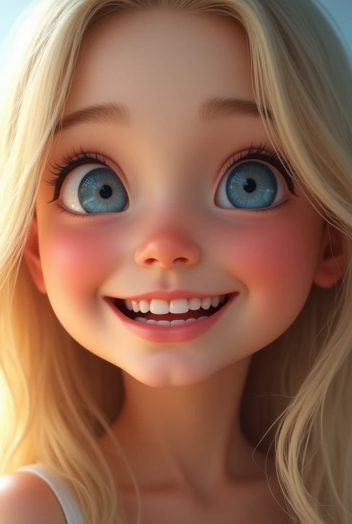 One girl, close up, light blue eyes, long blonde hair, big smile