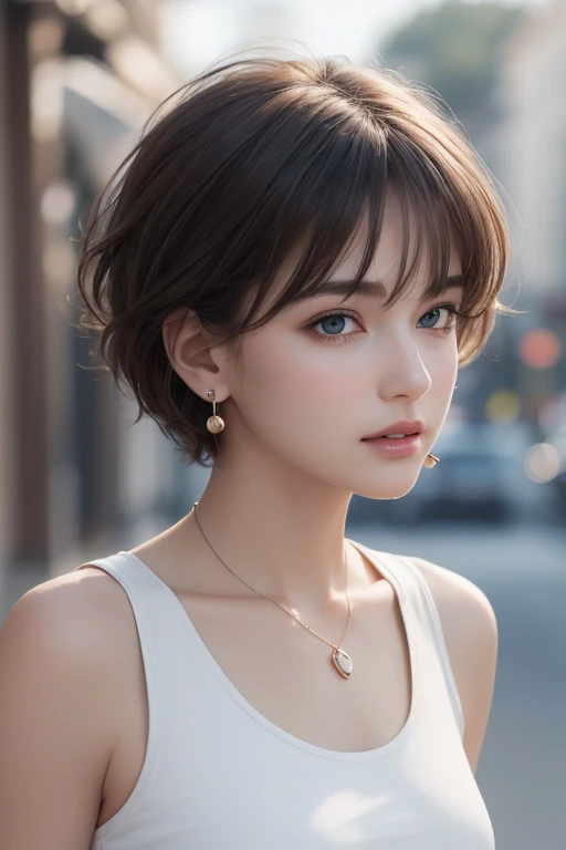 (photograph:1.2)、(photorealistic:1.3)、(masterpiece:1.3)、(Highest image quality:1.4)、ultra high resolution、(detailed eyes)、(detailed facial features)、(Detailed garment features)、8k resolution、solo focus、2 mature woman、small face、no makeup、Detailed beautiful eyes、bangs、dark brown hair、short cut hair、(realistic skin)、beautiful skin、charming、ultra high resolution、Super realistic、High definition、white shirt open,middlebre、small breasts、bust B cup、small breasts、cool beauty、Gray background、cinematic lighting、perfect、soft light、High resolution skin:1.2、realistic skin texture、2 mature woman、small face、no makeup、Bust B Cup、Detailed beautiful brown eyes、short hair、dark brown hair、Cool beauty、gray background high quality、masterpiece、High resolution、1 female、necklace、gem、Earrings、Beautiful Face、Body Up、Tyndall effect、Realistic、Rim Light、Two-tone lighting、(High resolutionスキン:1.2)、8k ウルトラHD、Digital SLR、Soft lighting、high quality、Volumetric lighting、photograph、High resolution、4K、8k、Brown haired woman、Adult、Small eyes、Perfect Mouth、Highly detailed eyes and mouth、Black natural eyes、Pure brown hair color、lol、Caucasian skin color、White shirt and random color tank top、Hair quality and shine、street、town、road、congestion、lol顔，Upper teeth(Black tank top)
