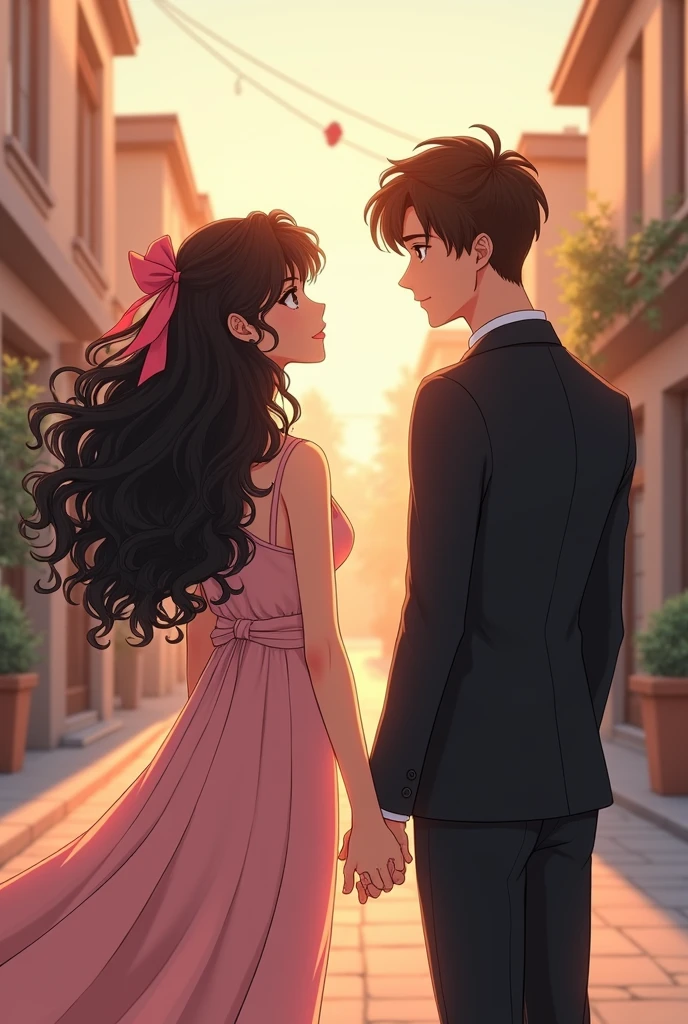 Make 1 woman from behind, Bblack hair, long and curly. She wears a pink bow in her hair and a handbag.. The Woman wears 1 midi dress. Holding hands with the woman, make a tall white man in formal clothes, with brown hair and a short haircut in a street background with houses