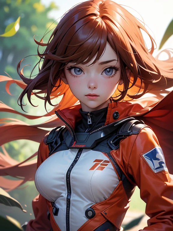 (8k, best quality, masterpiece:1.2), ultra-detailed, Masterpiece, realistic lighting,masterpiece, best quality, masterpiece, official art,extremely detailed CG unity 8k wallpaper,beautiful detailed eyes, light on face, 1girl, Asuka,Upper body, breasts, pilot_suit, plugsuit, red_jacket, windbreaker, gloves, bandage, hair_ornament, bracer,  