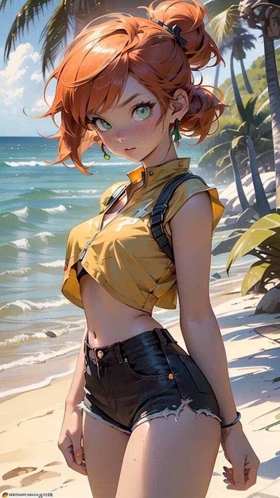 (((Misty))),misty_(pokemon),misty (pokemon),misty \(pokemon\),,character_pokemon_misty,1girl,

(large breasts:1.4),(((short hair, side ponytail,orange hair,orange_hair,  spiked hair,))),(((green_eyes:1.3))),intricate eyes,beautiful detailed eyes,symmetrical eyes,big eyes:1.5,((((lustrous skin:1.5,tanned skin,bright skin: 1.5,skin tanned,shiny skin,very shiny skin,shiny body,Reflective skin)))),(spider lower abdomen,narrow waist,slim waist, wide hip,athletic body,inflated legs,thick thighs,delicate detailed fingers,(detailed face)),beautiful detailed lips, 

cute,slutty,sensual,seductive look,seductive,((erotic)),opulent,sumptuous,((nsfw)),wet, , 

(yellow shirt, shirt,crop top,yellow crop top,yellow_sleeveless_cropped_shirt), (tiny denim shorts,shorts,short shorts,denim, denim shorts,cheeky shorts),  (((unzipped, open fly))),
(navel, midriff,belly), (suspenders,red suspenders),  (wardrobe malfunction),

(shy pose:1.3),looking at viewer,embarrassed,shy,centered,scale to fit dimensions,Rule of thirds,

outdoors, ocean, (ocean in the background),((Sky, Sea, clouds,)), with dark stormy clouds,((beach scenery,intricate scenery)), scenery, extremely scenery, clouds, palm trees, reeds, (sunset, golden hour),

(Glossy pokemon ornaments),highres,sharp focus,(ultra detailed,extremely detailed),(photorealistic artwork:1.37),(extremely detailed CG unity 8k wallpaper),(((vibrant colors,vibrant theme))),(intricate),(masterpiece),(best quality),artistic photography,(photography taken by sldr),(intricate background),perfect rendered face,perfect face details,realistic face,photo realistic,((intricate detail)),(((realism))),
