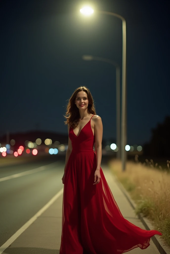 shot at night under a street light next to a highway, cars passing by, A woman wearing a long red dress walking, brunette hair, full shot, wide shot of full body, Olivia Rodrigo, Emma Watson, flawless pale skin ((detailed face)), ((detailed facial features)), (finely detailed skin), pale skin, plain grey background, (masterpiece) (perfect aspect ratio)(realistic photo)(best quality) (4K)(detailed) photographed on a 24mm lens, F/2.8, HDR, (8k) (wallpaper) (cinematic lighting) (dramatic lighting) (sharp focus) (intricate), 8k uhd, dslr, high quality, grain film, Fujifilm XT3, film stock photography 4 kodak portra 400 camera f1.6 lens rich colors hyper realistic texture dramatic lighting unrealengine trend in artstation cinestill 800 tungsten, face ultra focus, smiling, seductive, png, 16:9 aspect ratio