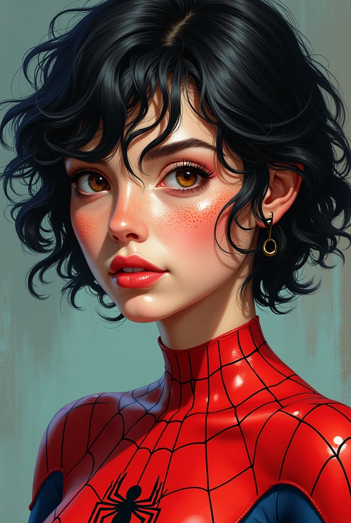 Make me a comic book girl dressed as spiderwoman, Short black curly hair with yellowish part below, semi-slanted eyes, semi-wide nose with freckles on parts of his face, face outlined with something round, Very pretty semi-wide lips and white skin, black eyes with some brown.. We don't know much