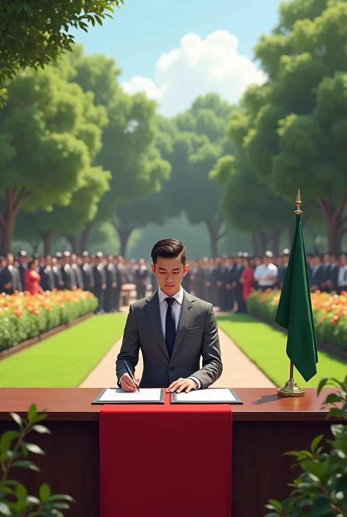 A gentleman in a grey suit aged about 24 years.Signing documents in an organized compound with grass,flowers and beautiful trees about 6.Where he is an executive table chair e.t.c A red carpet where he is and the audience.The event has about 30 people seated on the other side witnessing.There is heavy security presence too.The image should should also show a green flag on the table and a military assistant behind him.He should also face the audience and the documents should have a red seal the audience should be visible too
