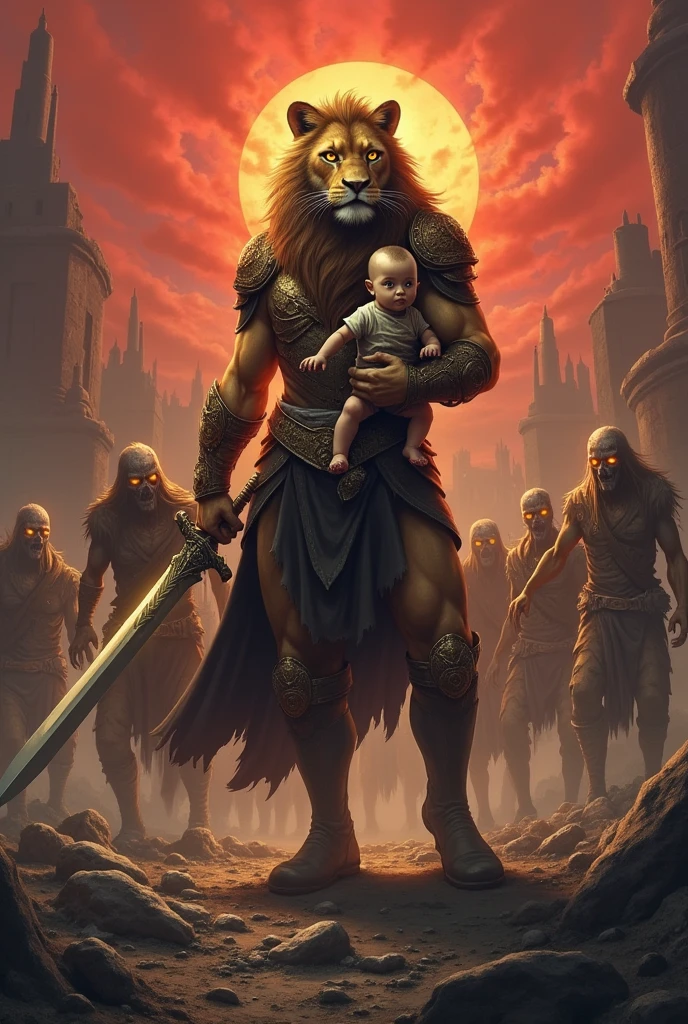 A humanoid lion warrior, with her baby on her lap, being attacked by a horde of zombies