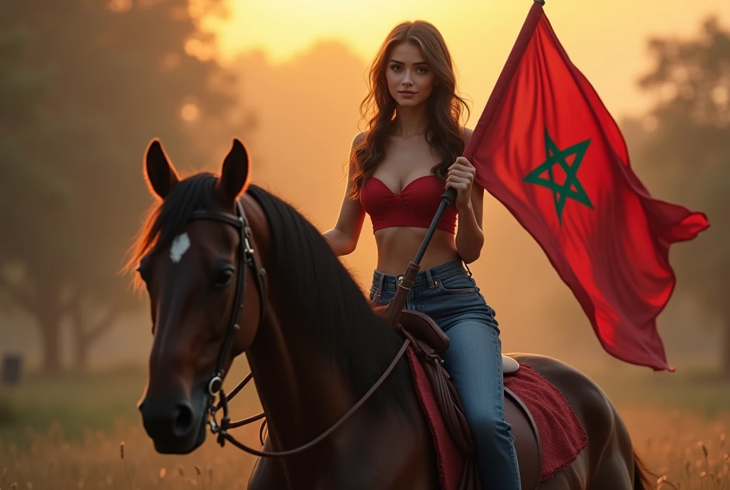 Realistic portrait, exposed face, wide angle, (seen from above), young Arab woman riding a horse, wearing long jeans, jeans covering the feet, the horse standing on its hind legs, very realistic beautiful woman, on top of the horse holding the Moroccan flag, official artwork High detail, beautiful girl with slim body and big breasts, attractive young woman, (attractive lying position: 1.3, arms crossed), natural background, sunset, realistic portrait, smooth realistic portrait, perfect view of cute girl, girl with very soft face Focus on the face, the light is dim, the color tones are consistent, the backlight tends to yellow, and the fog is dense.