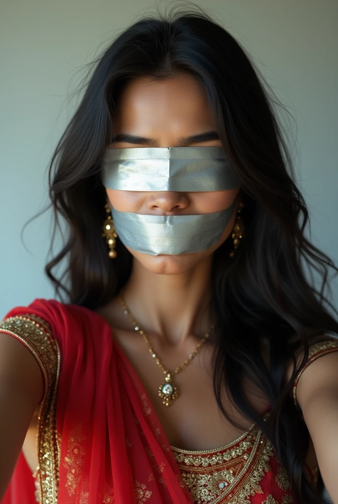 Aesthetic Indian Girl blindfolded Duct tape gagged in shimmering prom saree Taking selfie