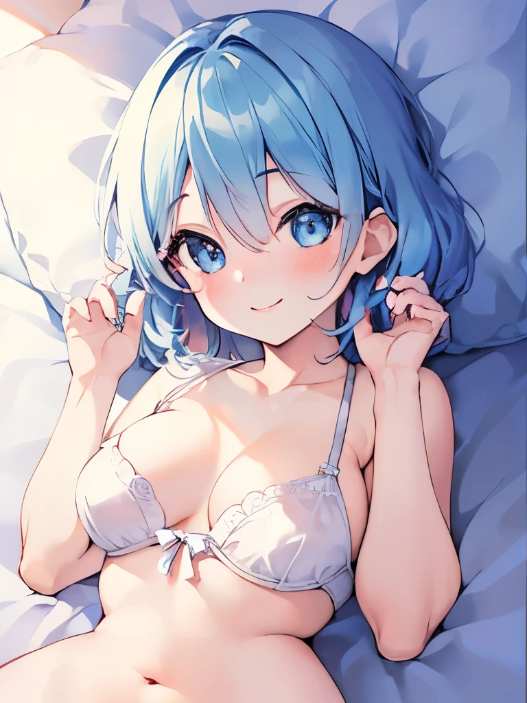 ((masterpiece)), ((best quality)), (ultra-detailed), on the bed, a cute girl, 1girl, solo, underwear00, ((beautiful eyes)), smile, beautiful blue hair
