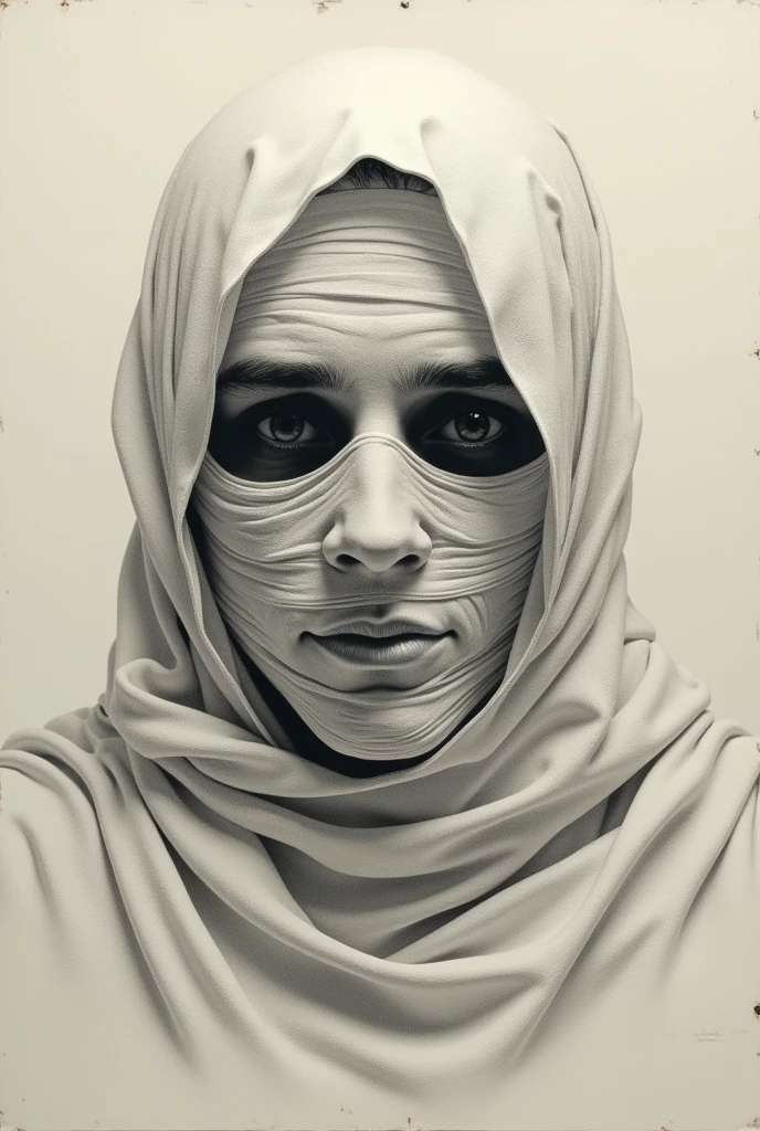 a close-up of a drawing of a man&#39;s face on a piece of paper, symmetrical cloaked figure face, face partially obscured, entire person visible, Shroud, very known photo, jesus face, pale head, face shown, fake hidden detail, center of picture, imagem muito coerente, diaphanous cloth, mummy portrait, face showing