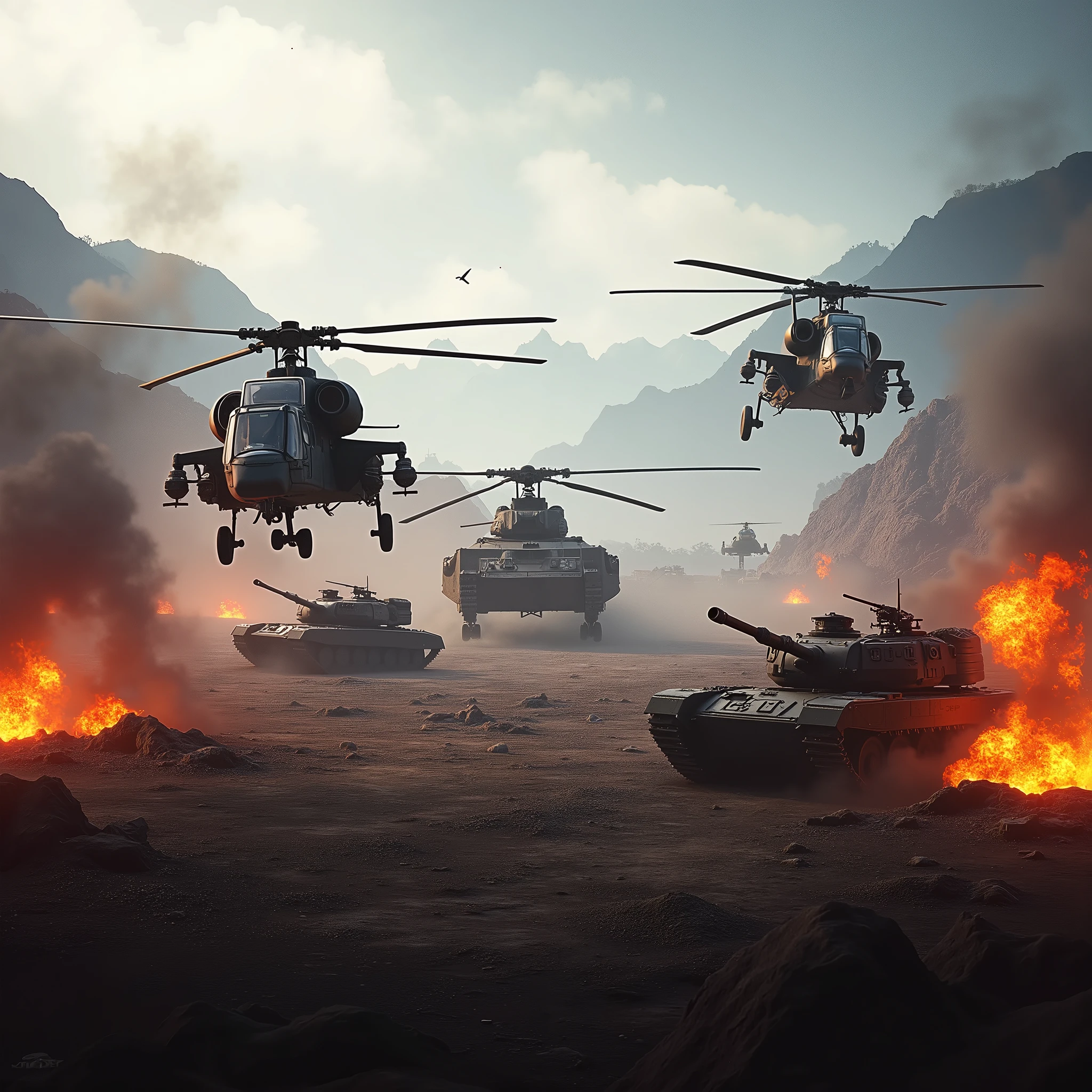 generate an image with the battlefield 4 game theme with the center of the image free with its corners in orange like the battlefield 4 theme and with elements such as helicopters and tanks and a large ground 
