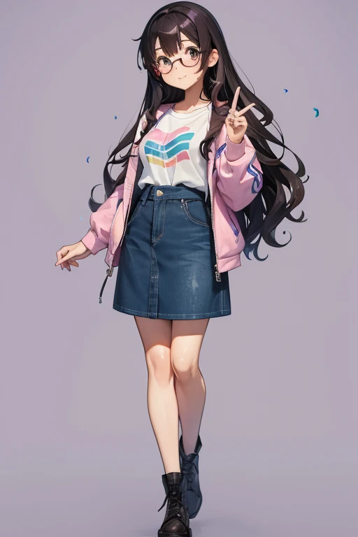 Full body, an otaku woman with freckles, dark brown eyes, and an upturned nose, she is happy, with one peace sign hand, she has long wavy black hair, wearing aviator sunglasses with clear lenses in a soft watercolor style. The girl must be in pink, purple, and blue in celebration of the bisexual, with stains of ink and watercolor mixing and filling the scene. There should be a subtle, nuanced change in colors using the impasto technique with gouache paint. There should be a light rain in the watercolor painting with a little watercolor paper texture and a pastel background.
