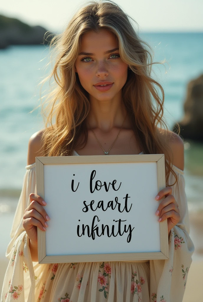 Beautiful girl with wavy long hair, bohemian dress, holding a white board with text "I Love Seaart Infinity" and showing it to the viewer