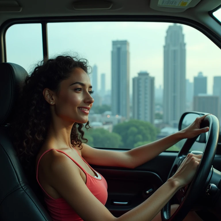 realistic photo of a (pretty girl, 20 years old, brunette, black eyes) driving a car and carring her   sister, (full lips) , ((perfect face)), [[mild smile]], proportionate body,mixed herritage, beautyfull, beautyfull face, tanned skin, two arms, two legs, five fingers by hand, full body, (curly black long hair), Apartament into glass building, cyberpunk city behind glass panel, young adult 20 years girl driving a car and a teenage  at side seat, panoramic shot
