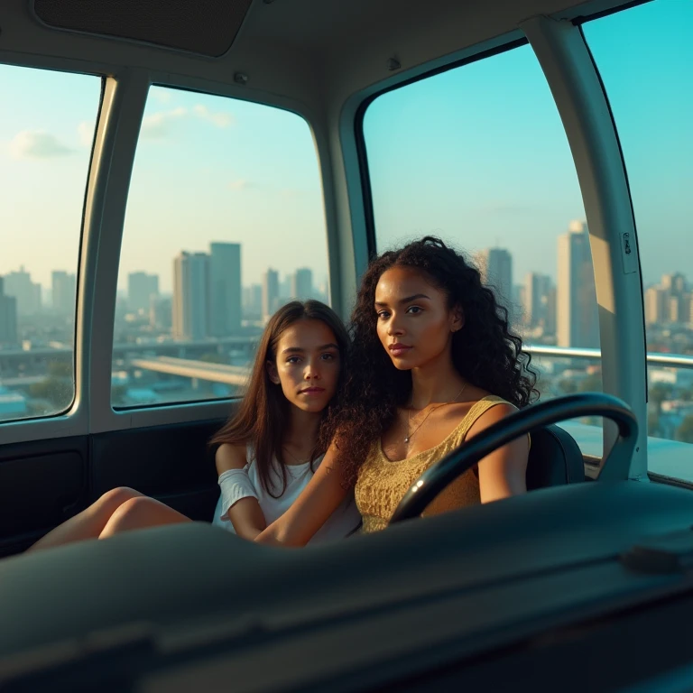 realistic photo of a (pretty girl, 20 years old, brunette, black eyes) driving a car and carring her little  sister, (full lips) , ((perfect face)), [[mild smile]], proportionate body,mixed herritage, beautyfull, beautyfull face, tanned skin, two arms, two legs, five fingers by hand, full body, (curly black long hair), Apartament into glass building, cyberpunk city behind glass panel, young adult 20 years girl driving a car and a teenage  at side seat, panoramic shot
