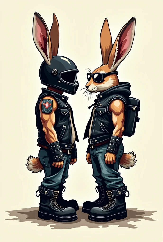 Create a slightly aggressive vector logo with two naked rabbits, One with a motorcycle helmet with his ears sticking out of the helmet, plus a leather vest and boots, the other a female with glasses a leather vest and boots
