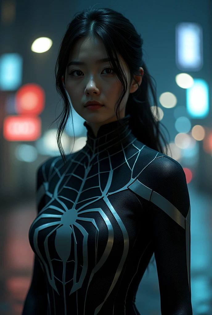 Create an image where a Korean woman wears a black and white spiderman suit, In the image you have to see only half of his body, and the background is night, 

