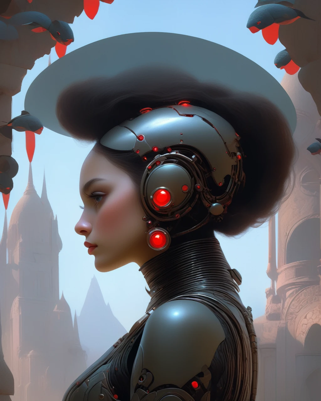 1 cyborg girl, dark fantasy, detailed mechanical red turtle neck arms, highly detailed hands, dramatic shadows, dramatic lighting, (best quality,4k,8k,highres,masterpiece:1.2),ultra-detailed,(realistic,photorealistic,photo-realistic:1.37),fantasy,concept art,Tom Bagshaw style,Roger Dean style