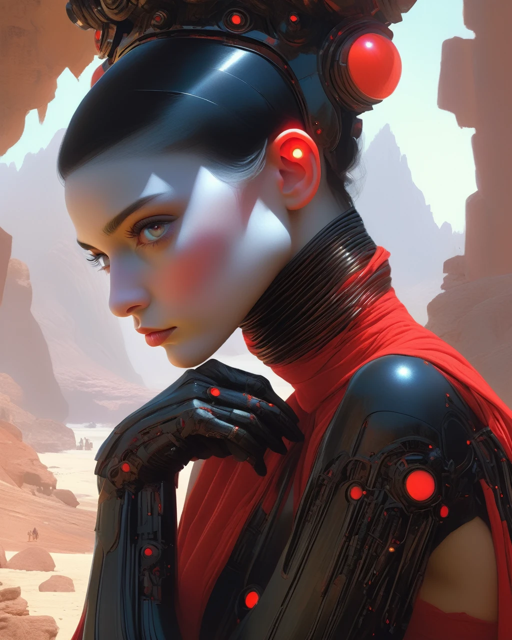 1 cyborg girl, dark fantasy, detailed mechanical red turtle neck arms, highly detailed hands, dramatic shadows, dramatic lighting, (best quality,4k,8k,highres,masterpiece:1.2),ultra-detailed,(realistic,photorealistic,photo-realistic:1.37),fantasy,concept art,Tom Bagshaw style,Roger Dean style