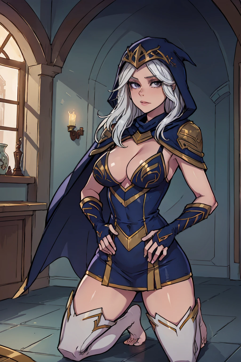 ((Full body photo, standing, feet on the floor)) tundra, ashe \(league of legends\), 1girl, cowboy shot, looking at viewer, hand on hips, blue eyes, breasts, cape, dress, gloves, hood, league of legends, long hair, short dress, solo, thighhighs, white hair, bandages, masterpiece, best quality, portrait close-up face, beautiful