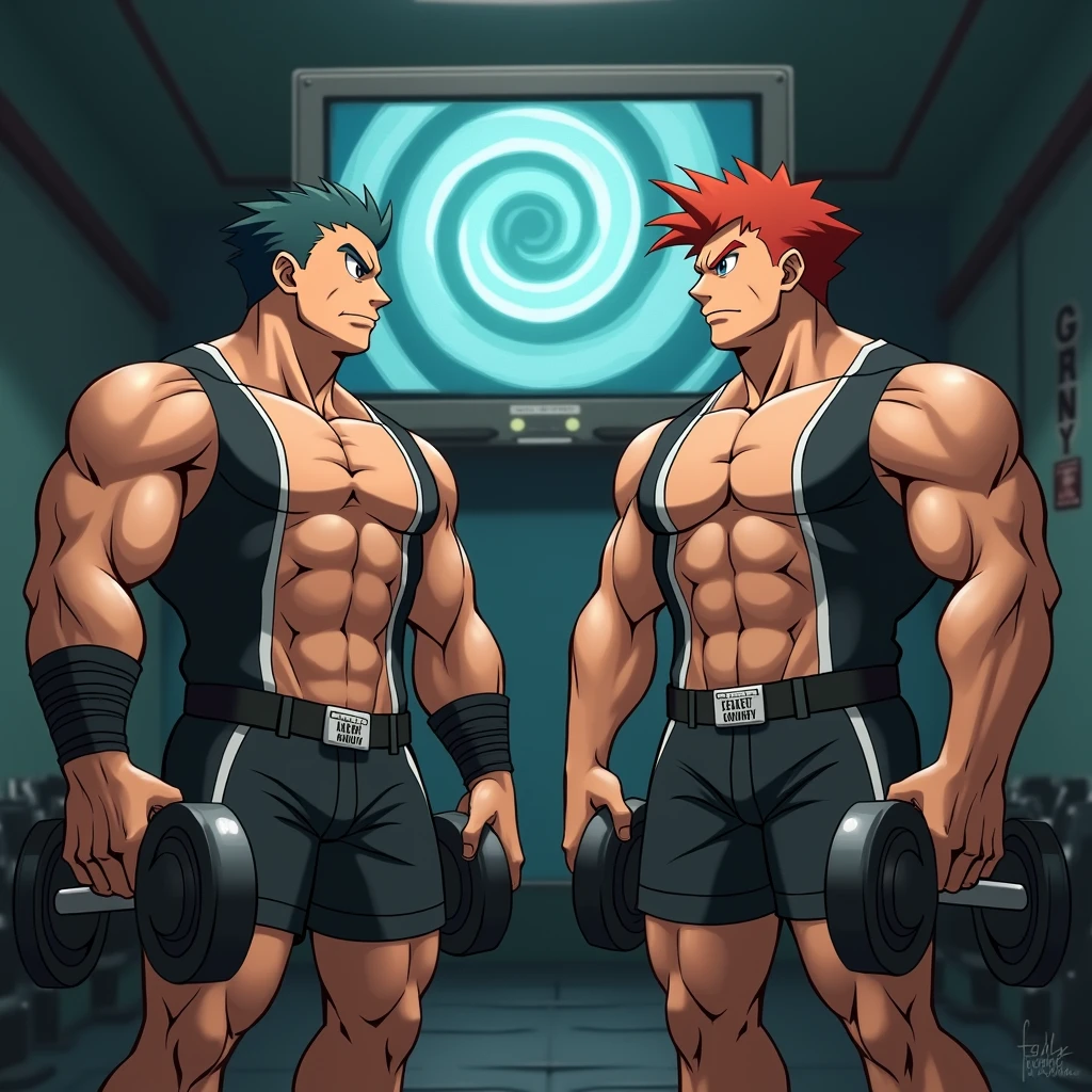 Ash Ketchum and Gary Oak from Pokémon wearing Team Rocket uniforms while lifting dumbbells in a gym staring ahead blankly under hypnosis into a monitor displaying a hypnotic spiral while repeating the mantra, "Obey Giovanni...." and growing into muscular Team Rocket grunts loyal to Giovanni. Digital art. big biceps. big triceps. broad shoulders. big traps. Big meaty pecs. Swollen glutes. Dumber and dumber. IQ drain. brainwashing. big traps. big deltoids. Big lats. Hyper bulging crotch.