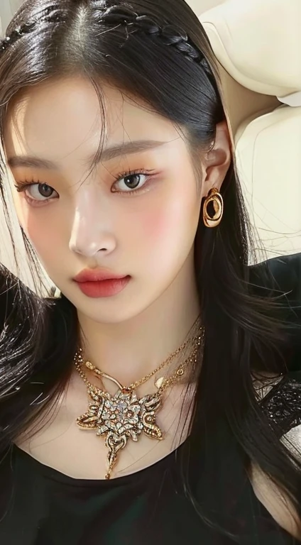 a close up of a woman with a necklace and earrings and golden eyes, Portrait of Jossi from Blackpink, inspired by Sim Sa-jeong, He has a penetrating look, parque me, TaeJune Kim, inspired by Jeong Seon, sakimichan, heonhwa choe, Seseon Yoon, kim jung giu, Kim Hyun Joo, jennie pink black