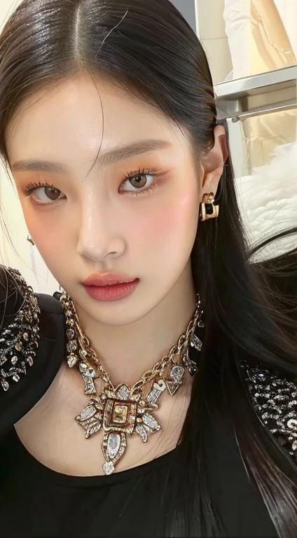a close up of a woman with a necklace and earrings and golden eyes, Portrait of Jossi from Blackpink, inspired by Sim Sa-jeong, He has a penetrating look, parque me, TaeJune Kim, inspired by Jeong Seon, sakimichan, heonhwa choe, Seseon Yoon, kim jung giu, Kim Hyun Joo, jennie pink black