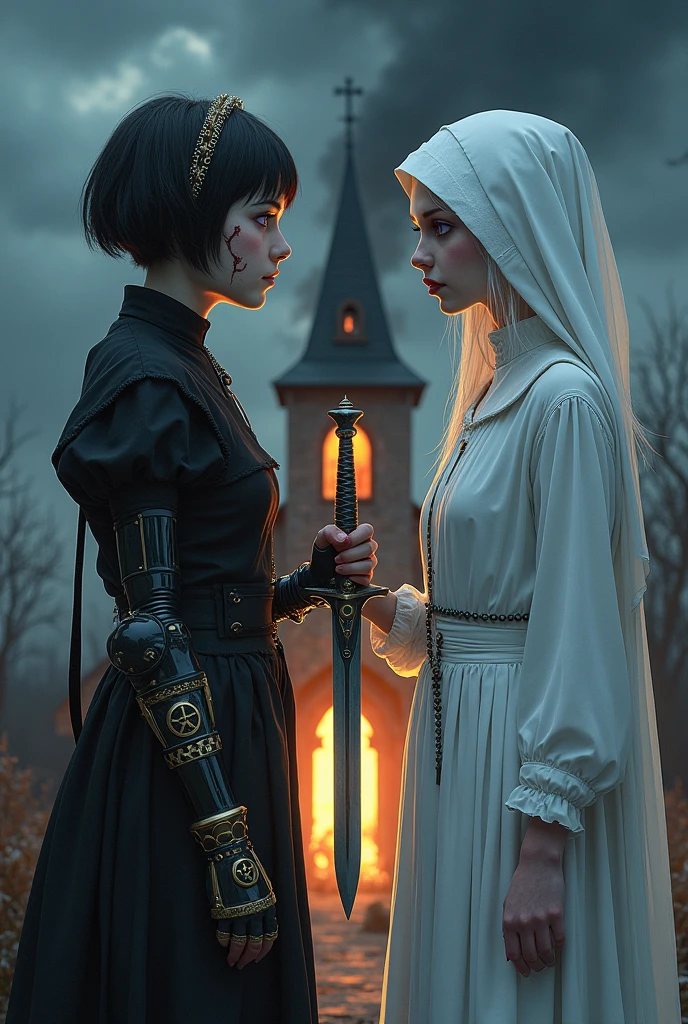 Two pale middle-aged girls with violet eyes and white hair, with the one on the left with short hair in dark alchemist clothes and with a steampunk prosthesis holding a dagger with the baphomet symbol in her left hand, and a cut on the face, and the one on the right in white nun&#39;s clothes holding a rosary, with a burning church behind, the night.