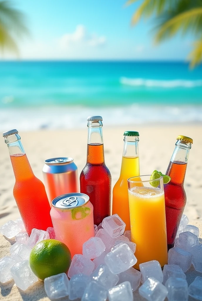 Background of 1.20cm high and 0.70 wide , on the beach, with ice cubes in the middle of the screen and bottles of soda gulp, Coca Cola, malta, juices and water on ice, All this in cmyk colors