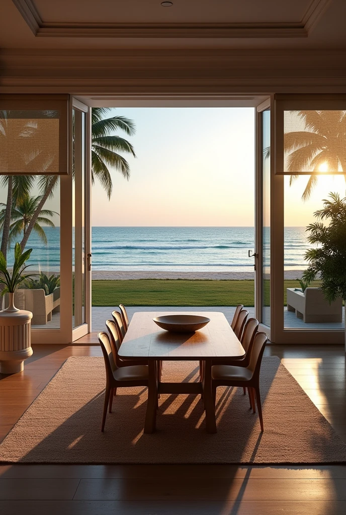 view of the living room in a beach house. large glass doors only, with lots of external views, light wood floor, blinds, lampshade, neoclassical decoration, outside first a lawn, then sand and then the Caribbean Sea and the horizon, at dusk already. rug and dining table with 8 chairs